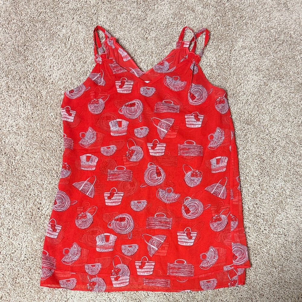 CAbi Red Printed Cami with White Straw Motif